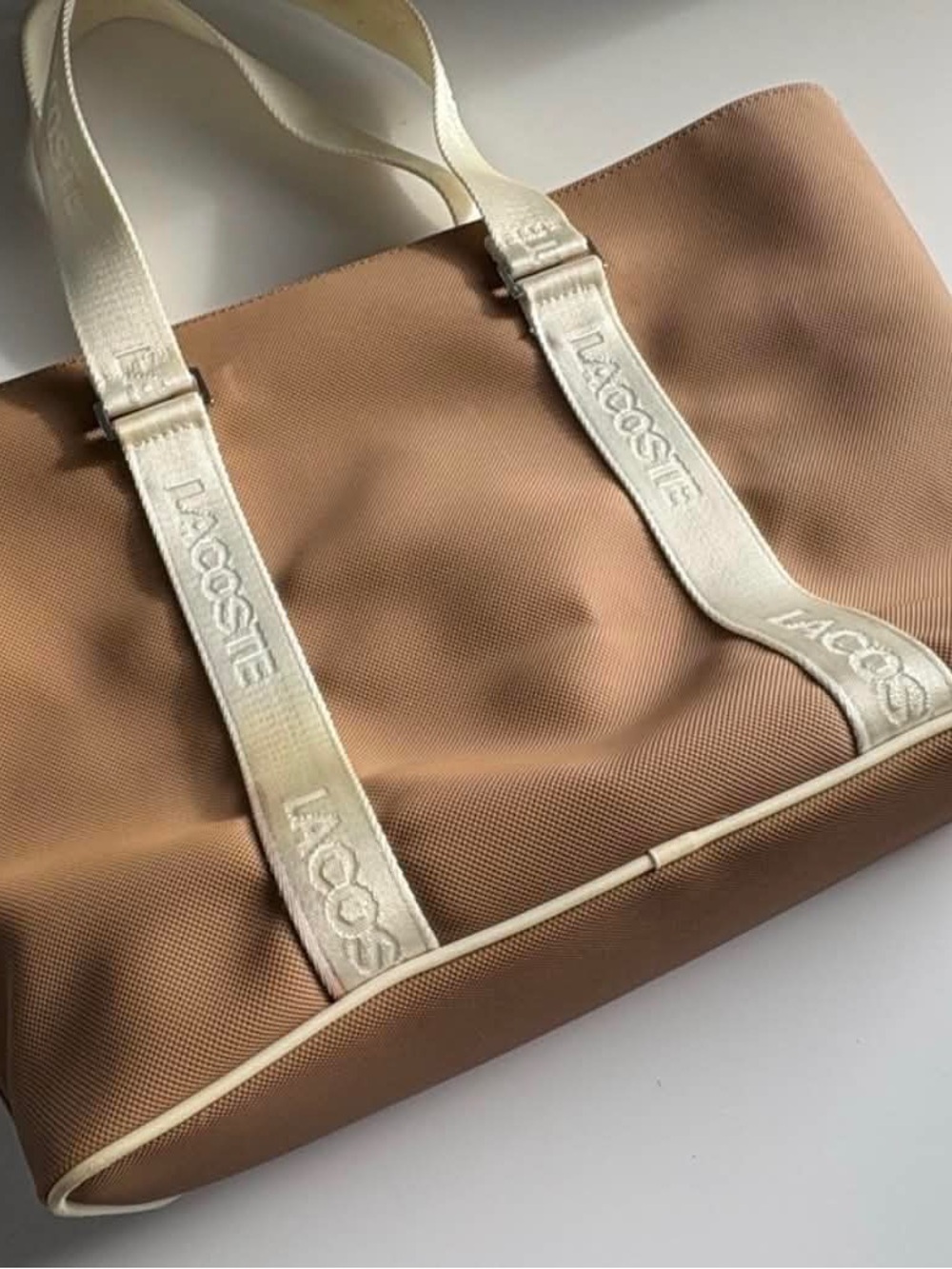 Lacoste Tan Canvas Tote with Cream Straps